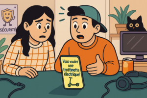 « Deux ados surpris par une pub de trottinette sur leur téléphone.