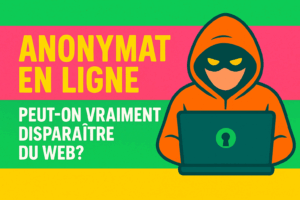 Visuel coloré d’un personnage masqué avec capuchon orange sur fond vert, rose et jaune, accompagné du titre “Anonymat en ligne – Peut-on vraiment disparaître du web?”, pour sensibiliser les jeunes aux enjeux de vie privée numérique.